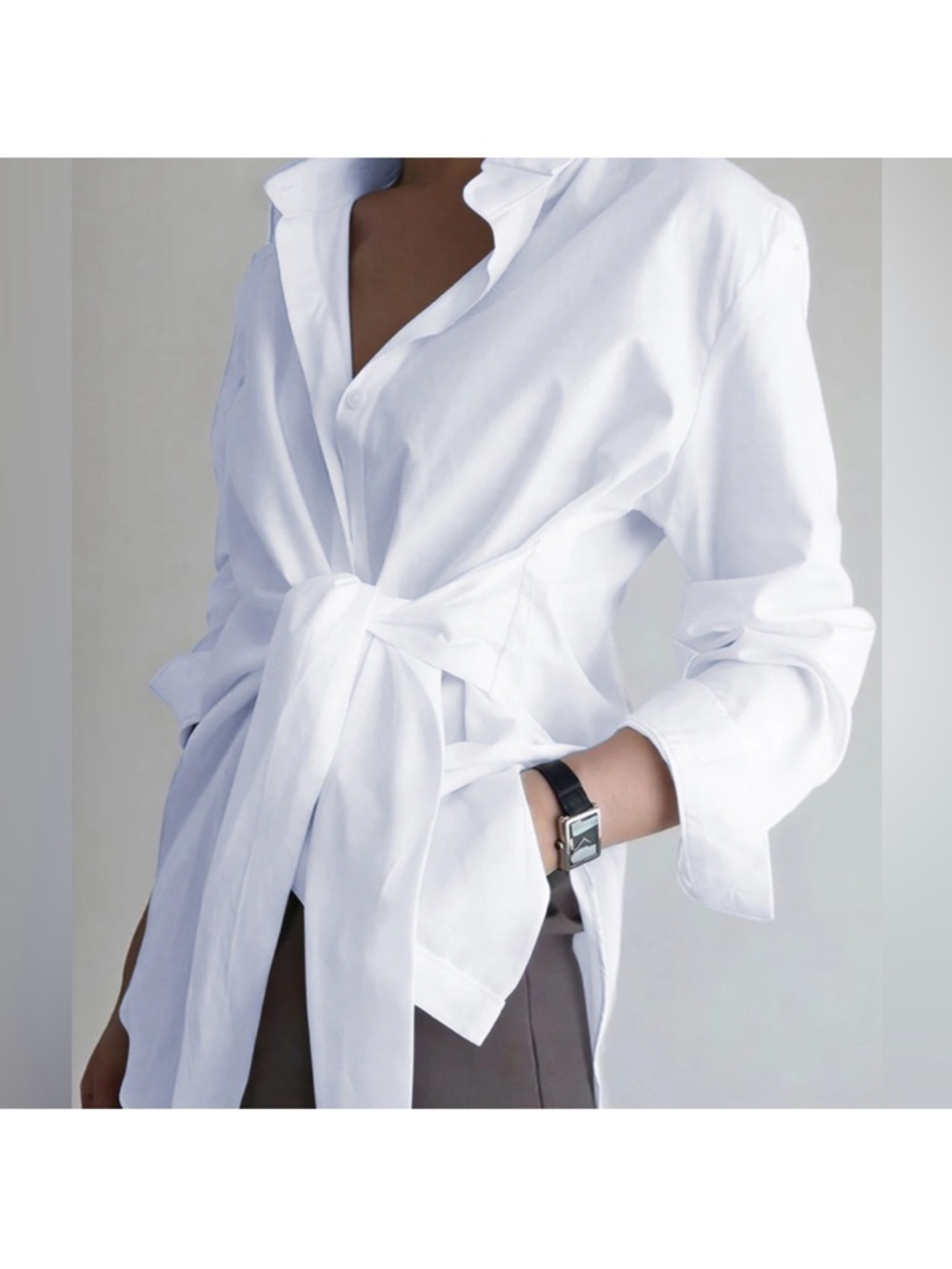 White Tie-Waist Button Front Shirt - Picture 4 of 6
